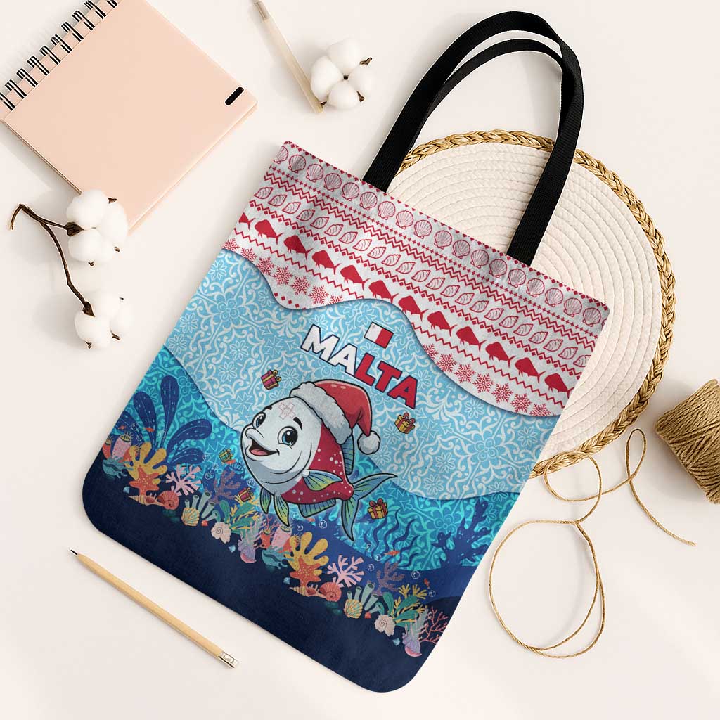 Malta Christmas Tote Bag with Santa Fish Malta Flag Coral Reef and Red Blue Festive Pattern Design - Wonder Print Shop