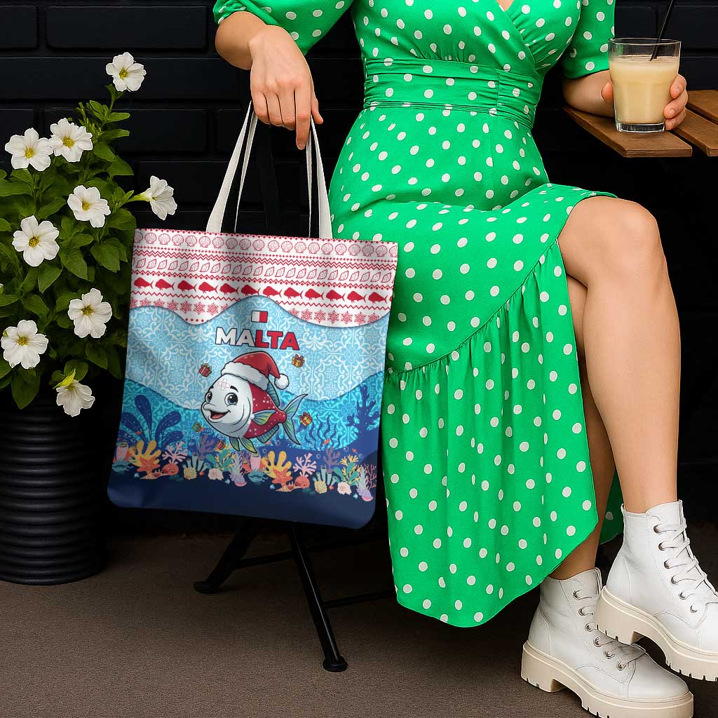 Malta Christmas Tote Bag with Santa Fish Malta Flag Coral Reef and Red Blue Festive Pattern Design - Wonder Print Shop