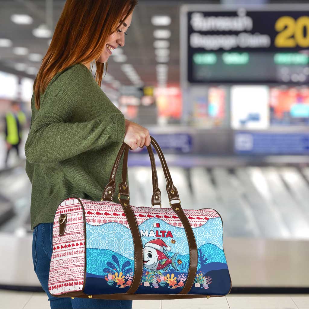 Malta Christmas Travel Bag with Santa Fish Malta Flag Coral Reef and Red Blue Festive Pattern Design - Wonder Print Shop