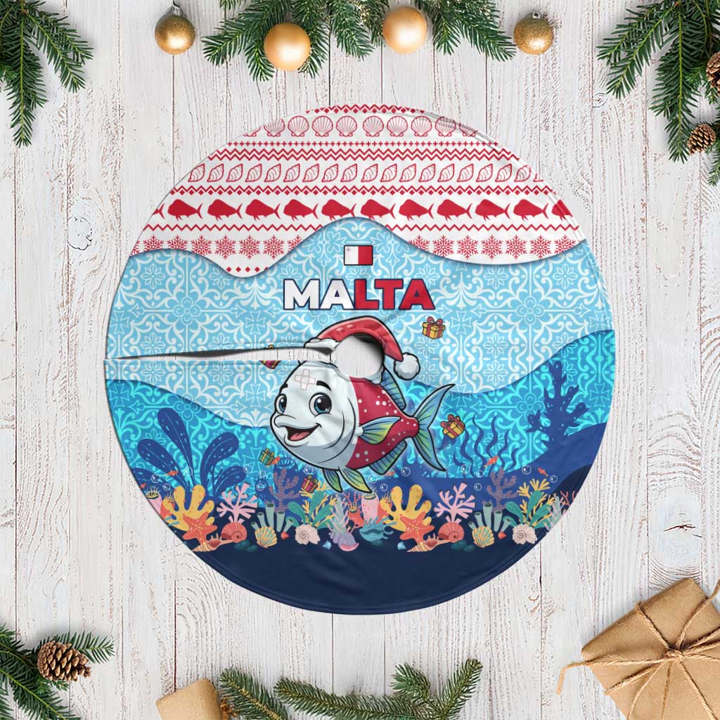 Malta Christmas Tree Skirt with Santa Fish Malta Flag Coral Reef and Red Blue Festive Pattern Design - Wonder Print Shop
