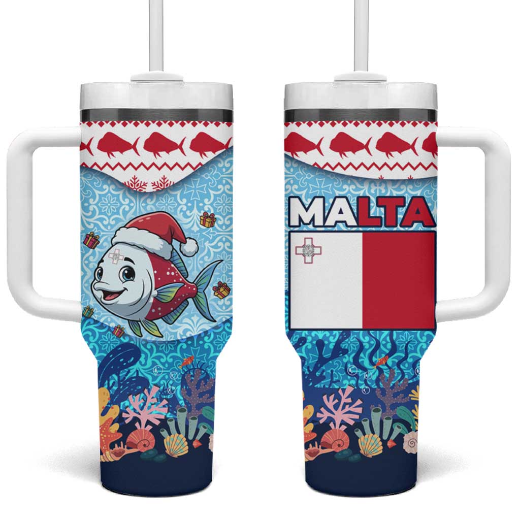Malta Christmas Tumbler With Handle with Santa Fish Malta Flag Coral Reef and Red Blue Festive Pattern Design - Wonder Print Shop