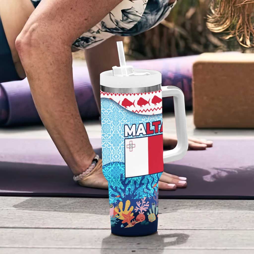 Malta Christmas Tumbler With Handle with Santa Fish Malta Flag Coral Reef and Red Blue Festive Pattern Design - Wonder Print Shop