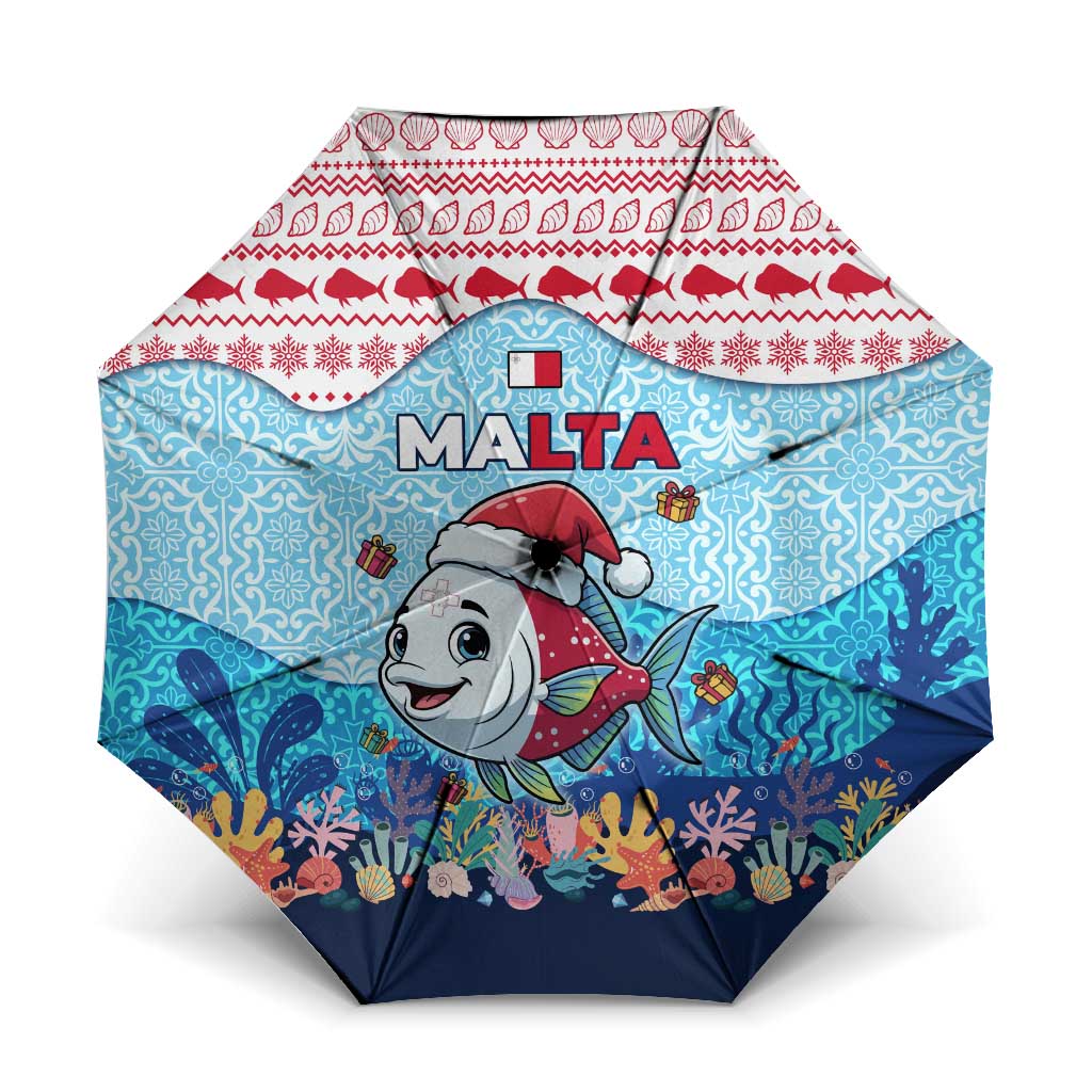 Malta Christmas Umbrella with Santa Fish Malta Flag Coral Reef and Red Blue Festive Pattern Design - Wonder Print Shop
