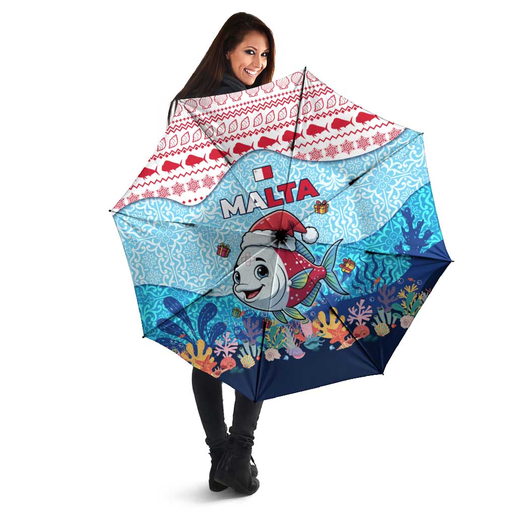 Malta Christmas Umbrella with Santa Fish Malta Flag Coral Reef and Red Blue Festive Pattern Design - Wonder Print Shop