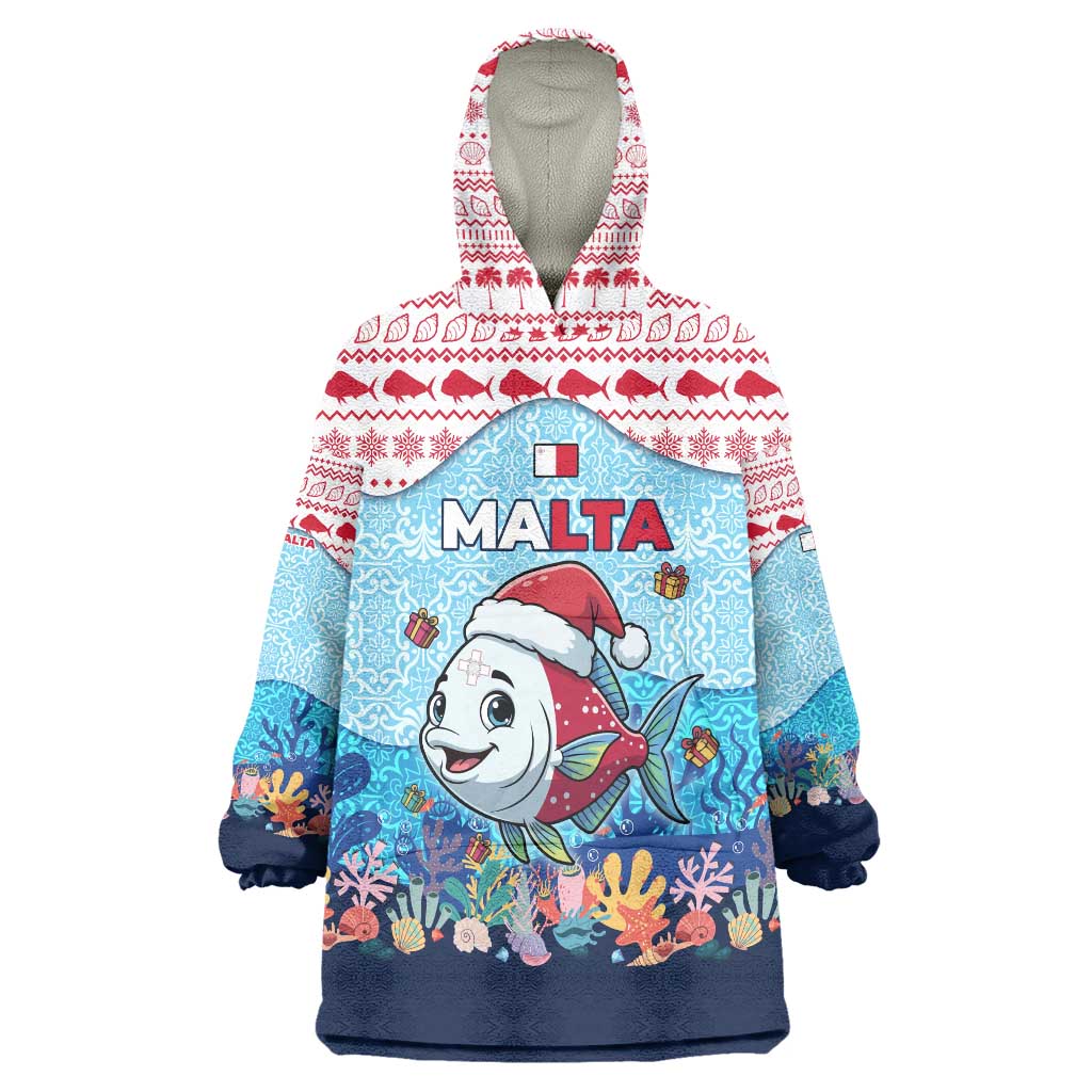Malta Christmas Wearable Blanket Hoodie with Santa Fish Malta Flag Coral Reef and Red Blue Festive Pattern Design - Wonder Print Shop