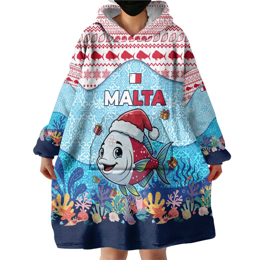Malta Christmas Wearable Blanket Hoodie with Santa Fish Malta Flag Coral Reef and Red Blue Festive Pattern Design - Wonder Print Shop