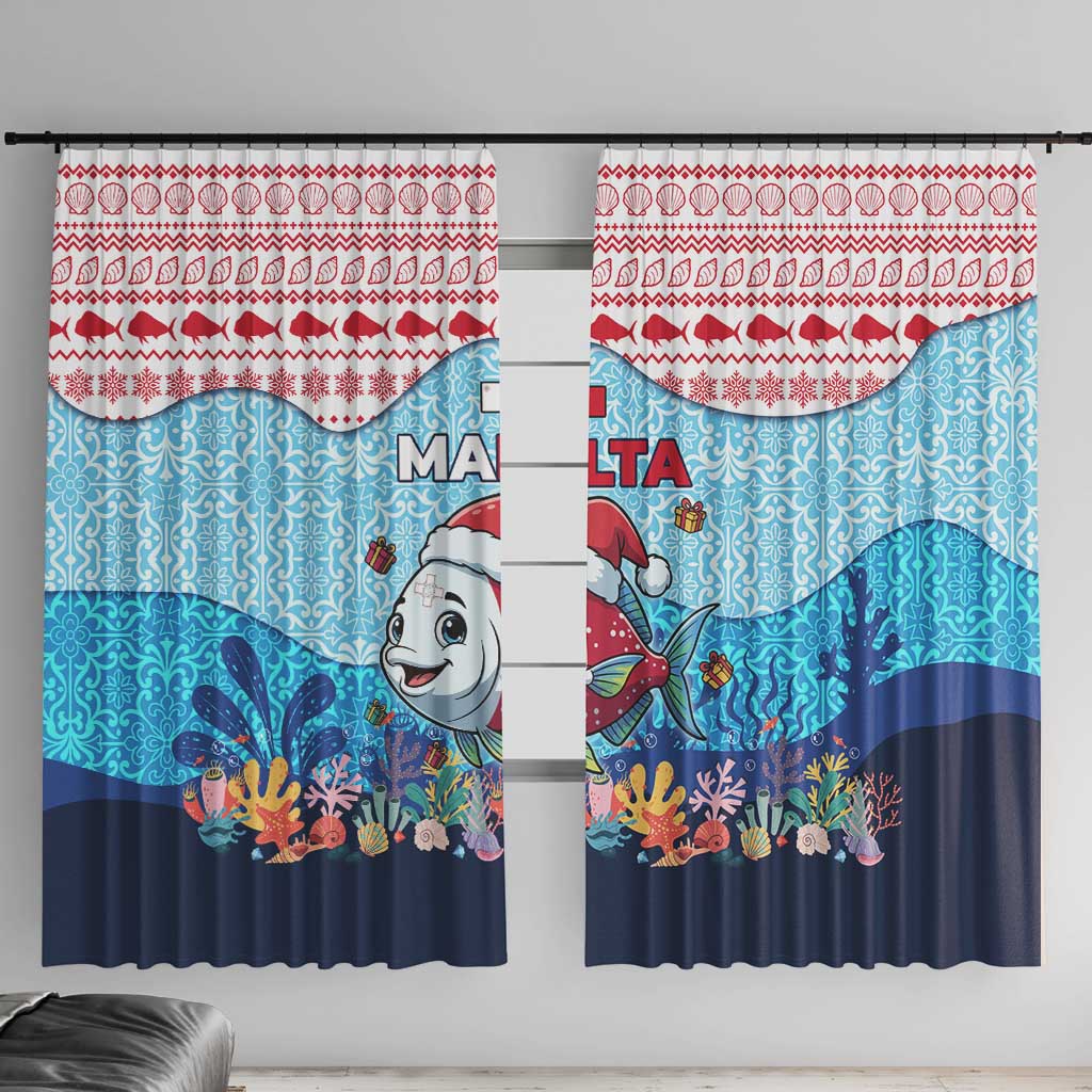 Malta Christmas Window Curtain with Santa Fish Malta Flag Coral Reef and Red Blue Festive Pattern Design - Wonder Print Shop