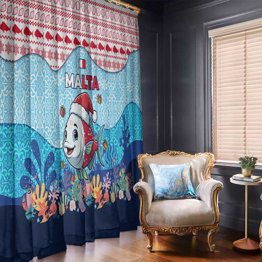 Malta Christmas Window Curtain with Santa Fish Malta Flag Coral Reef and Red Blue Festive Pattern Design - Wonder Print Shop
