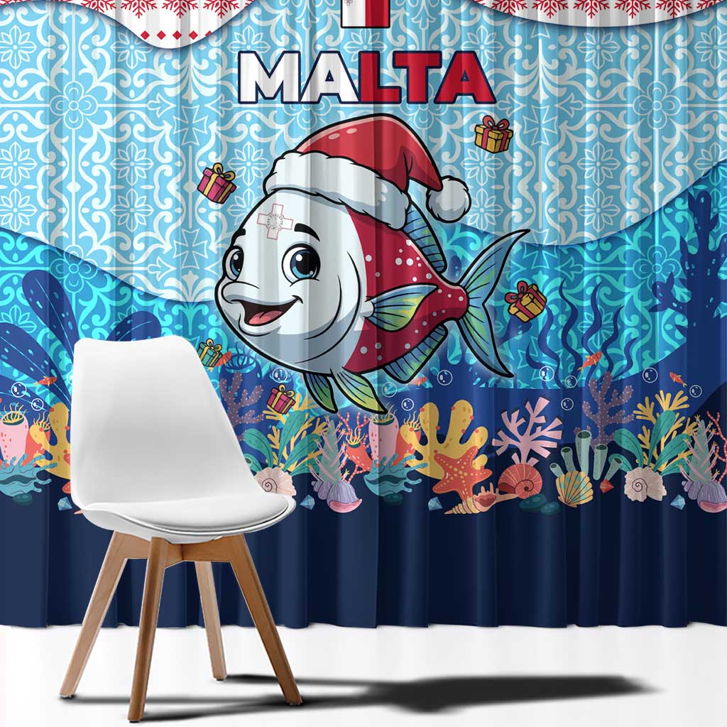 Malta Christmas Window Curtain with Santa Fish Malta Flag Coral Reef and Red Blue Festive Pattern Design - Wonder Print Shop