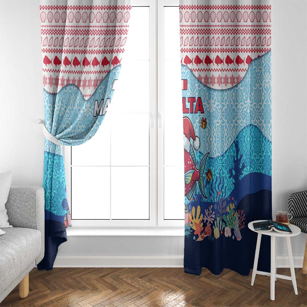 Malta Christmas Window Curtain with Santa Fish Malta Flag Coral Reef and Red Blue Festive Pattern Design - Wonder Print Shop