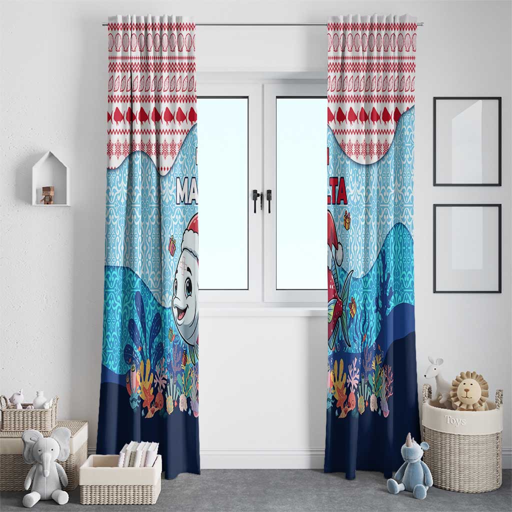 Malta Christmas Window Curtain with Santa Fish Malta Flag Coral Reef and Red Blue Festive Pattern Design - Wonder Print Shop