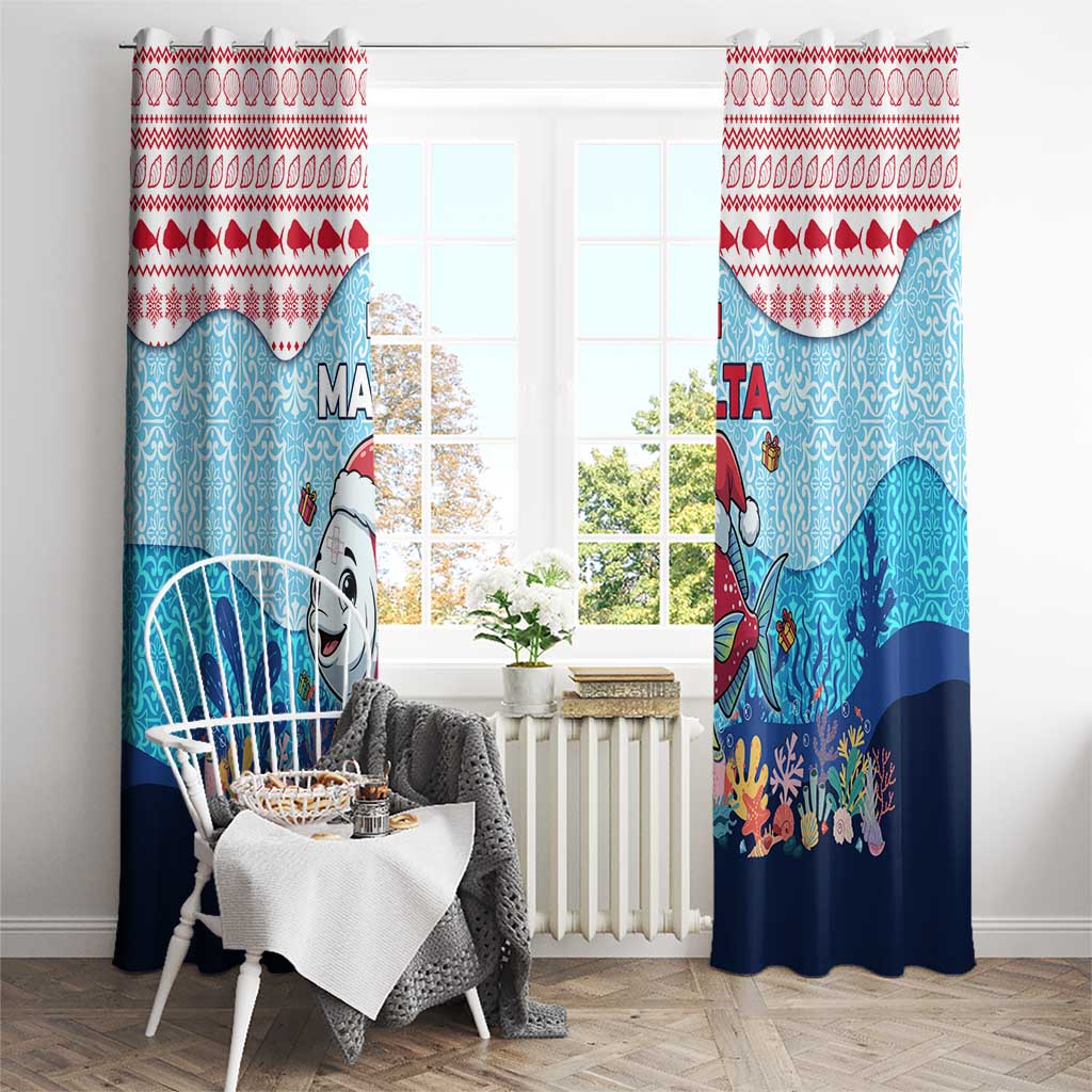 Malta Christmas Window Curtain with Santa Fish Malta Flag Coral Reef and Red Blue Festive Pattern Design - Wonder Print Shop