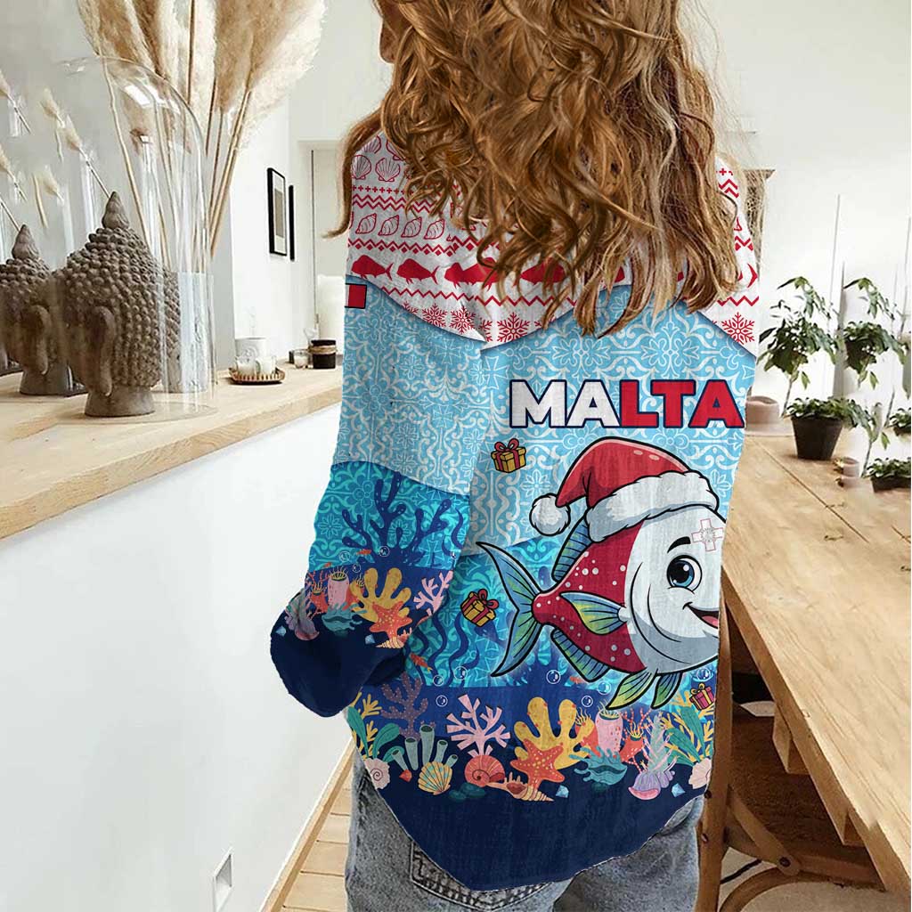 Malta Christmas Women Casual Shirt with Santa Fish Malta Flag Coral Reef and Red Blue Festive Pattern Design - Wonder Print Shop