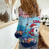 Malta Christmas Women Casual Shirt with Santa Fish Malta Flag Coral Reef and Red Blue Festive Pattern Design - Wonder Print Shop