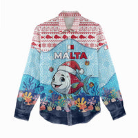 Malta Christmas Women Casual Shirt with Santa Fish Malta Flag Coral Reef and Red Blue Festive Pattern Design - Wonder Print Shop