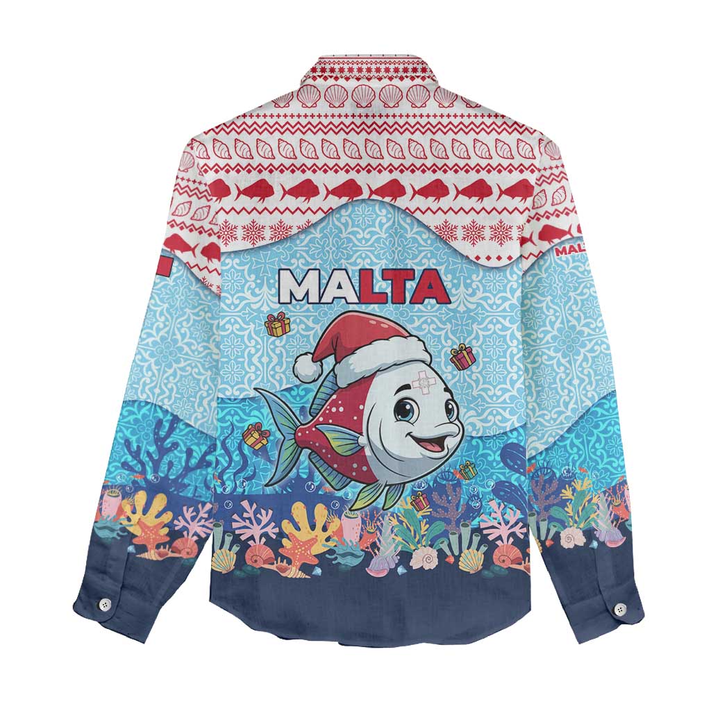 Malta Christmas Women Casual Shirt with Santa Fish Malta Flag Coral Reef and Red Blue Festive Pattern Design - Wonder Print Shop