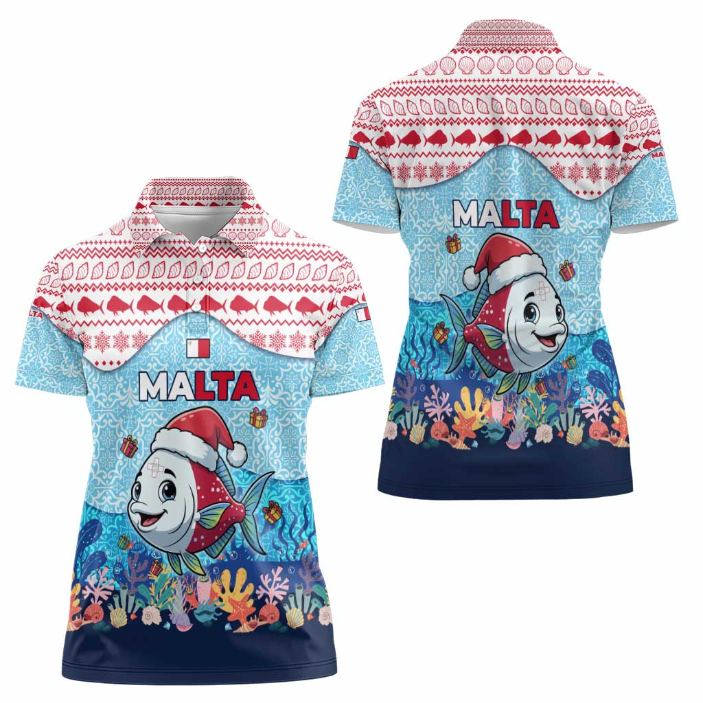 Malta Christmas Women Polo Shirt with Santa Fish Malta Flag Coral Reef and Red Blue Festive Pattern Design - Wonder Print Shop