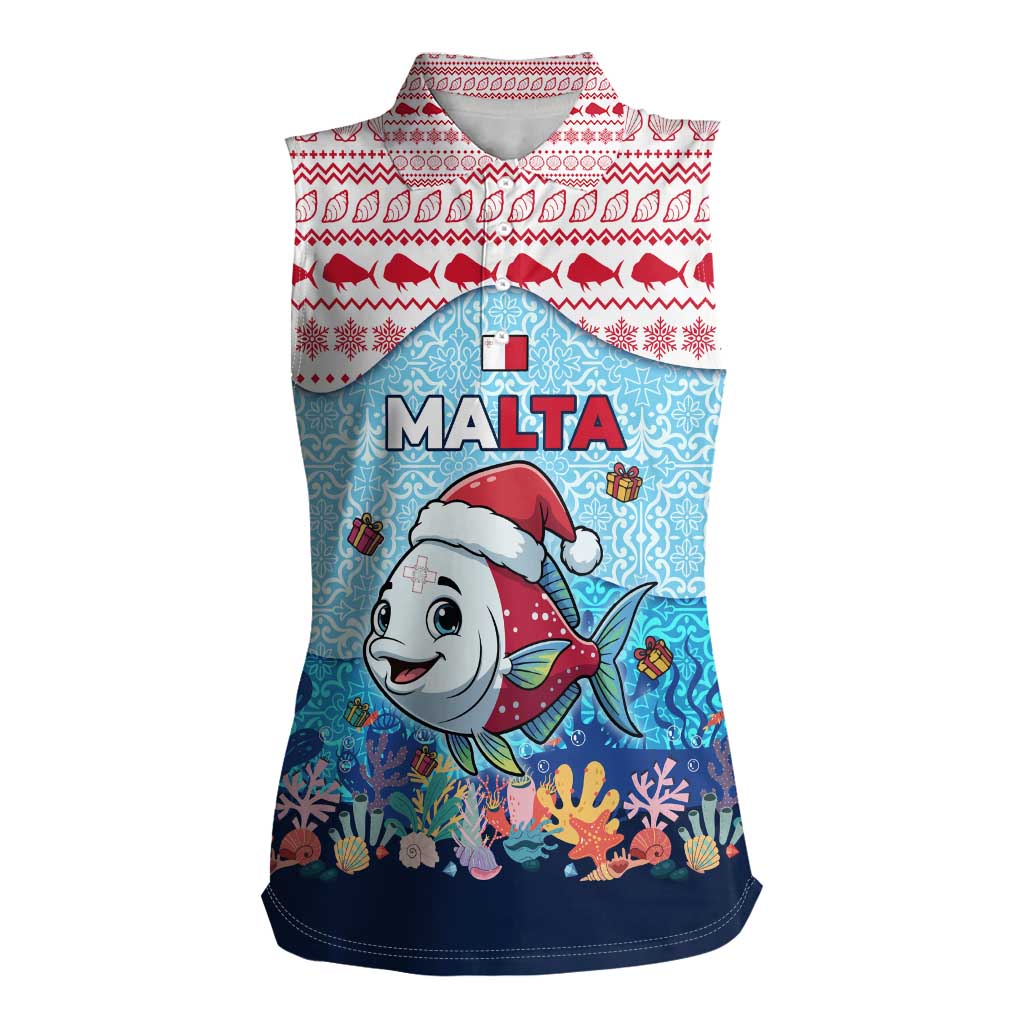 Malta Christmas Women Sleeveless Polo Shirt with Santa Fish Malta Flag Coral Reef and Red Blue Festive Pattern Design - Wonder Print Shop