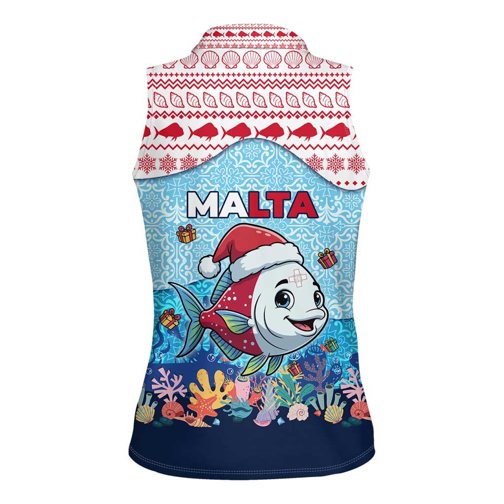 Malta Christmas Women Sleeveless Polo Shirt with Santa Fish Malta Flag Coral Reef and Red Blue Festive Pattern Design - Wonder Print Shop