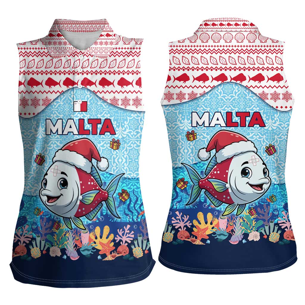 Malta Christmas Women Sleeveless Polo Shirt with Santa Fish Malta Flag Coral Reef and Red Blue Festive Pattern Design - Wonder Print Shop