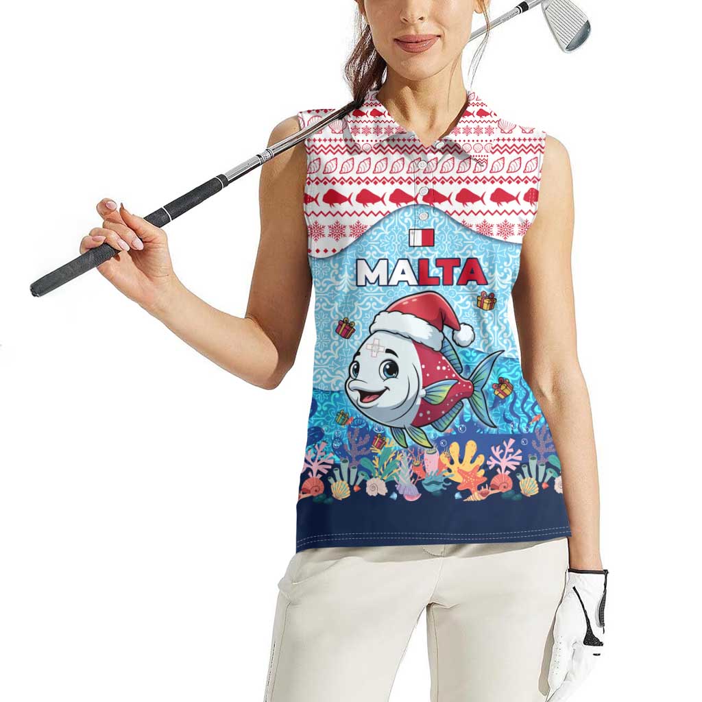 Malta Christmas Women Sleeveless Polo Shirt with Santa Fish Malta Flag Coral Reef and Red Blue Festive Pattern Design - Wonder Print Shop