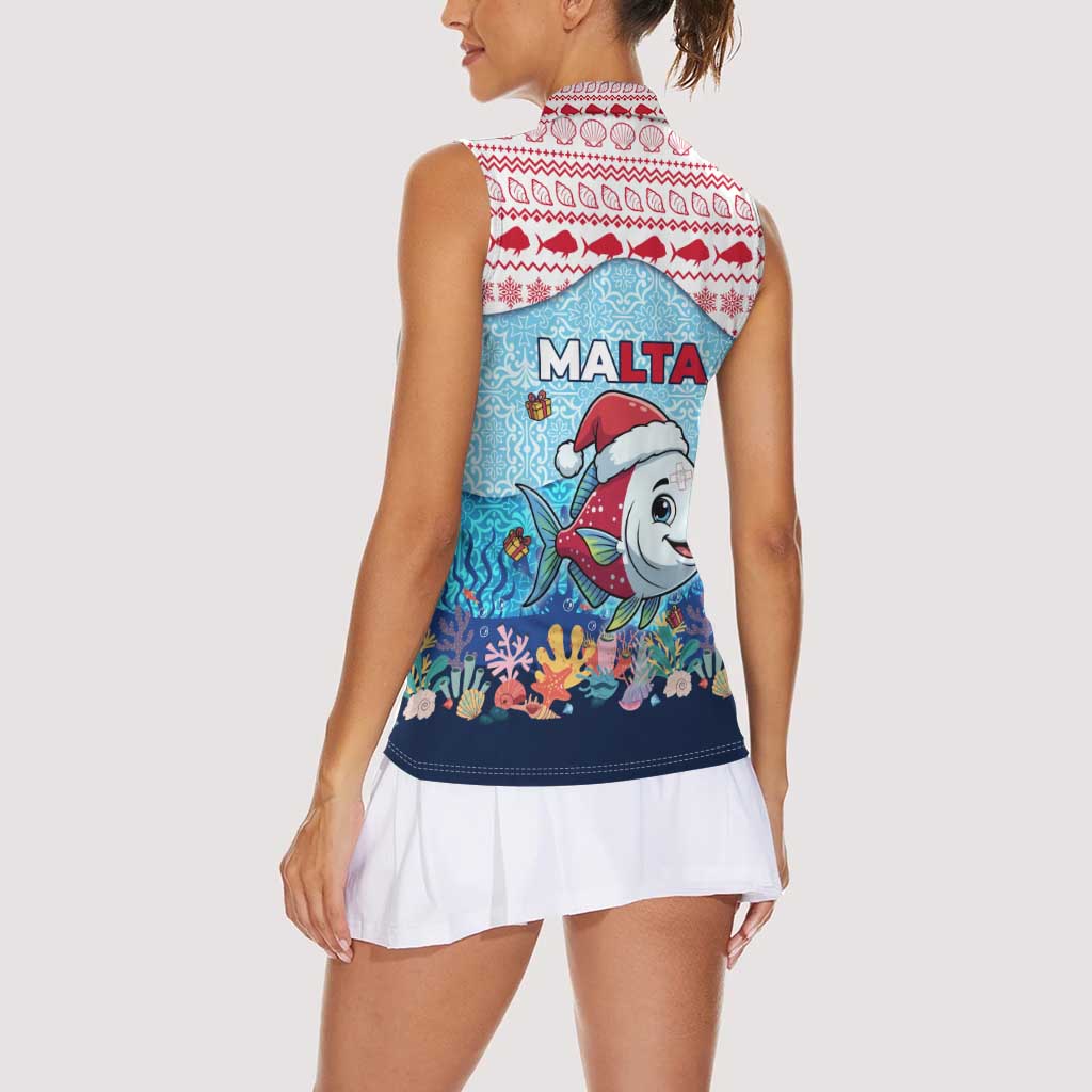 Malta Christmas Women Sleeveless Polo Shirt with Santa Fish Malta Flag Coral Reef and Red Blue Festive Pattern Design - Wonder Print Shop