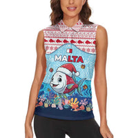 Malta Christmas Women Sleeveless Polo Shirt with Santa Fish Malta Flag Coral Reef and Red Blue Festive Pattern Design - Wonder Print Shop