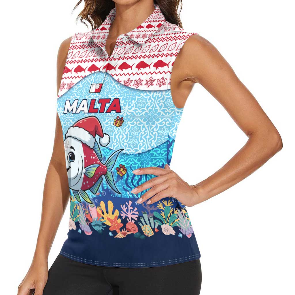Malta Christmas Women Sleeveless Polo Shirt with Santa Fish Malta Flag Coral Reef and Red Blue Festive Pattern Design - Wonder Print Shop