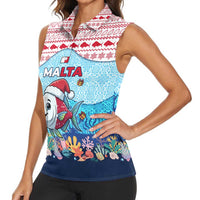Malta Christmas Women Sleeveless Polo Shirt with Santa Fish Malta Flag Coral Reef and Red Blue Festive Pattern Design - Wonder Print Shop
