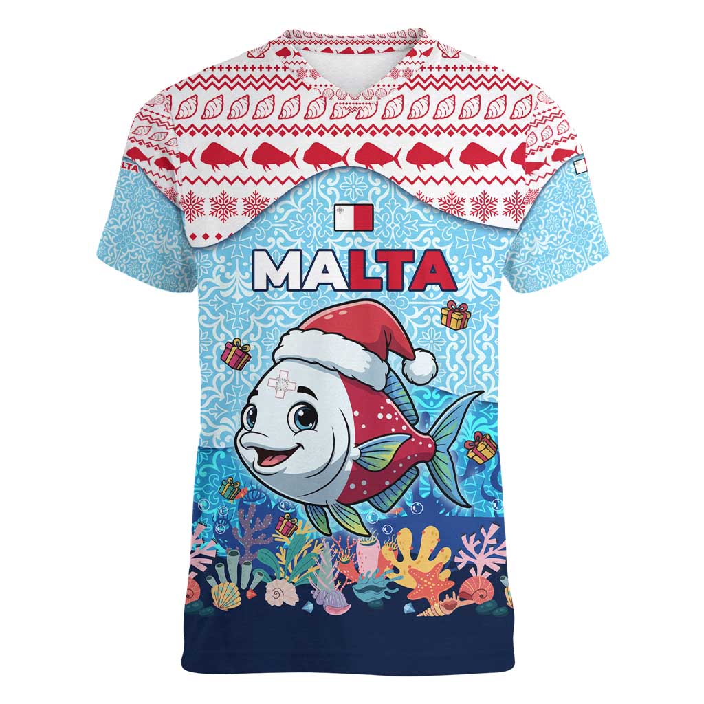 Malta Christmas Women V-Neck T-Shirt with Santa Fish Malta Flag Coral Reef and Red Blue Festive Pattern Design - Wonder Print Shop