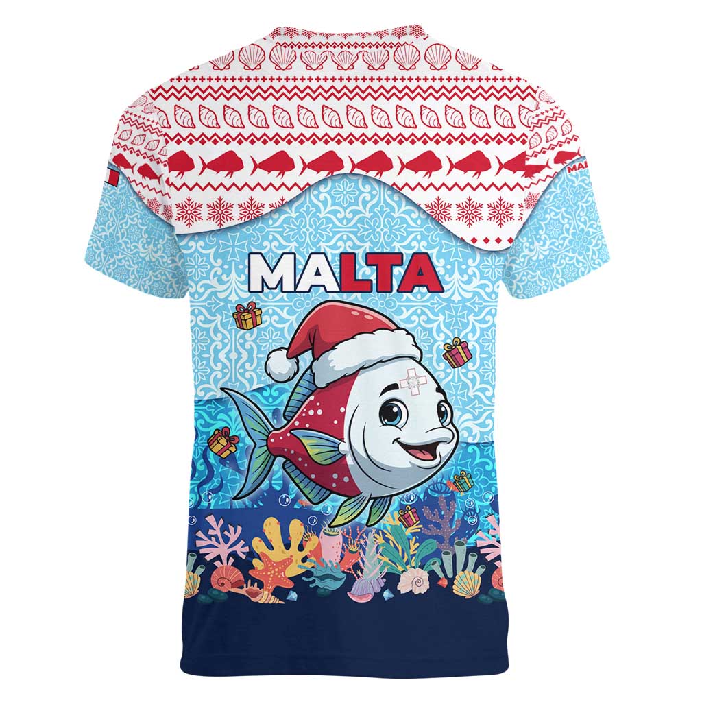 Malta Christmas Women V-Neck T-Shirt with Santa Fish Malta Flag Coral Reef and Red Blue Festive Pattern Design - Wonder Print Shop