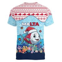 Malta Christmas Women V-Neck T-Shirt with Santa Fish Malta Flag Coral Reef and Red Blue Festive Pattern Design - Wonder Print Shop
