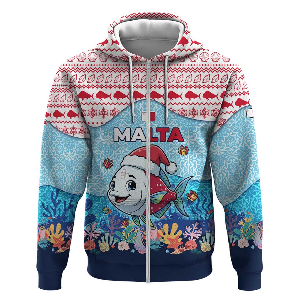 Malta Christmas Zip Hoodie with Santa Fish Malta Flag Coral Reef and Red Blue Festive Pattern Design - Wonder Print Shop