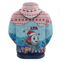 Malta Christmas Zip Hoodie with Santa Fish Malta Flag Coral Reef and Red Blue Festive Pattern Design - Wonder Print Shop