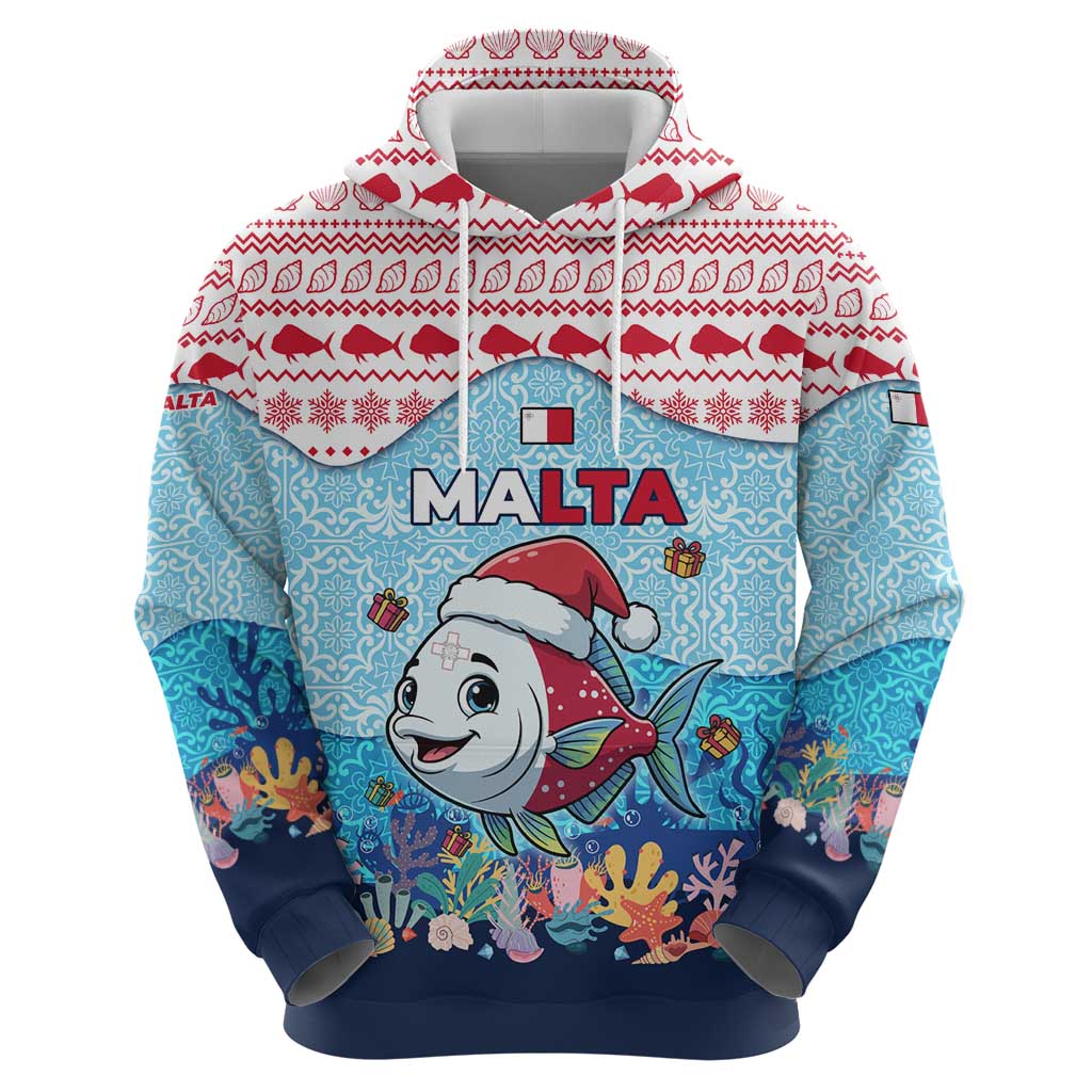 Malta Christmas Zip Hoodie with Santa Fish Malta Flag Coral Reef and Red Blue Festive Pattern Design - Wonder Print Shop