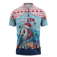 Malta Christmas Zipper Polo Shirt with Santa Fish Malta Flag Coral Reef and Red Blue Festive Pattern Design - Wonder Print Shop