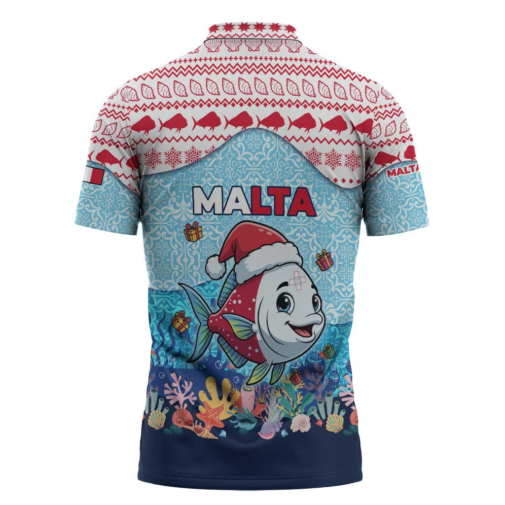 Malta Christmas Zipper Polo Shirt with Santa Fish Malta Flag Coral Reef and Red Blue Festive Pattern Design - Wonder Print Shop