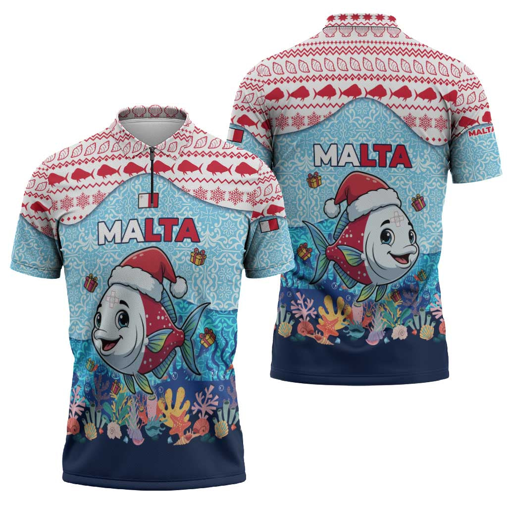 Malta Christmas Zipper Polo Shirt with Santa Fish Malta Flag Coral Reef and Red Blue Festive Pattern Design - Wonder Print Shop
