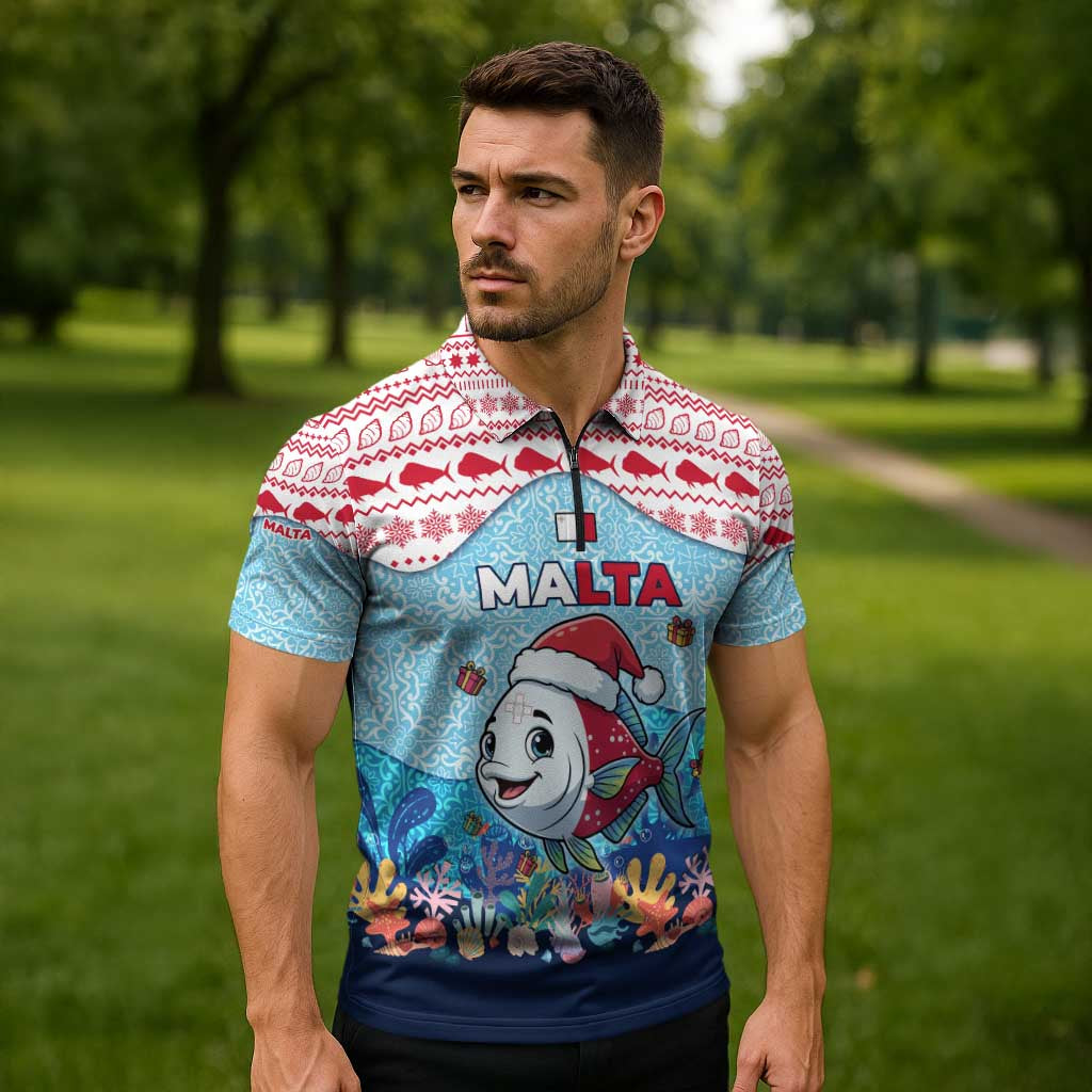 Malta Christmas Zipper Polo Shirt with Santa Fish Malta Flag Coral Reef and Red Blue Festive Pattern Design - Wonder Print Shop