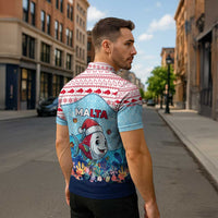 Malta Christmas Zipper Polo Shirt with Santa Fish Malta Flag Coral Reef and Red Blue Festive Pattern Design - Wonder Print Shop