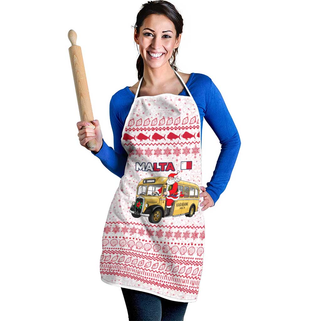 Malta Christmas Apron with Santa Driving Vintage Bus Malta Flag and Red White Festive Pattern Design - Wonder Print Shop