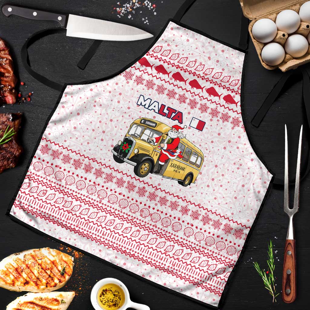 Malta Christmas Apron with Santa Driving Vintage Bus Malta Flag and Red White Festive Pattern Design - Wonder Print Shop