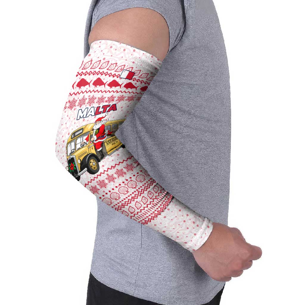 Malta Christmas Arm Sleeves with Santa Driving Vintage Bus Malta Flag and Red White Festive Pattern Design - Wonder Print Shop