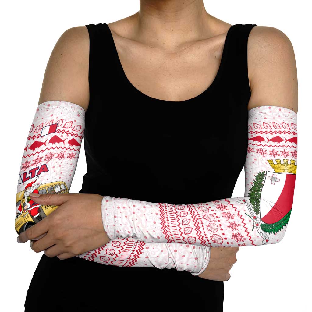 Malta Christmas Arm Sleeves with Santa Driving Vintage Bus Malta Flag and Red White Festive Pattern Design - Wonder Print Shop