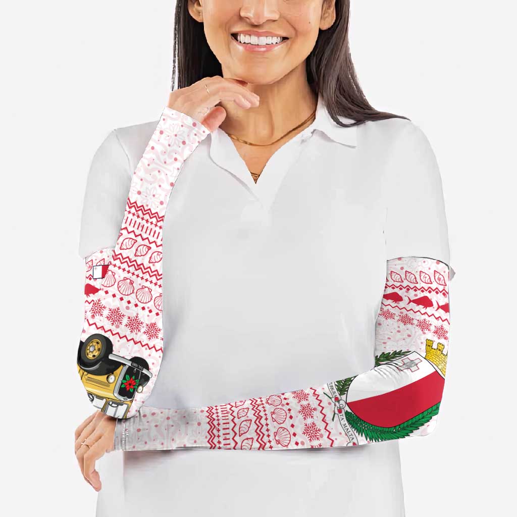 Malta Christmas Arm Sleeves with Santa Driving Vintage Bus Malta Flag and Red White Festive Pattern Design - Wonder Print Shop
