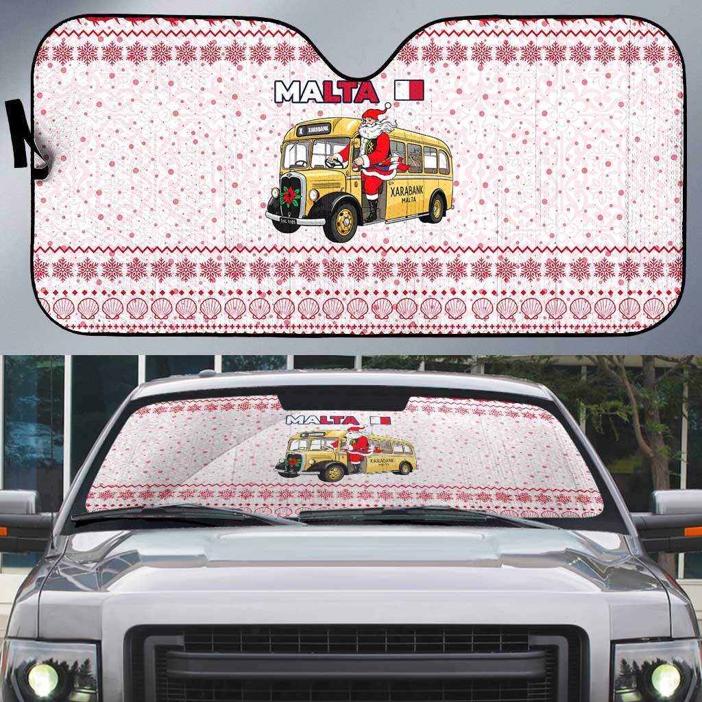 Malta Christmas Auto Sun Shade with Santa Driving Vintage Bus Malta Flag and Red White Festive Pattern Design - Wonder Print Shop