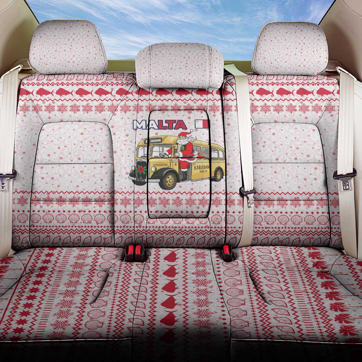 Malta Christmas Back Car Seat Cover with Santa Driving Vintage Bus Malta Flag and Red White Festive Pattern Design - Wonder Print Shop