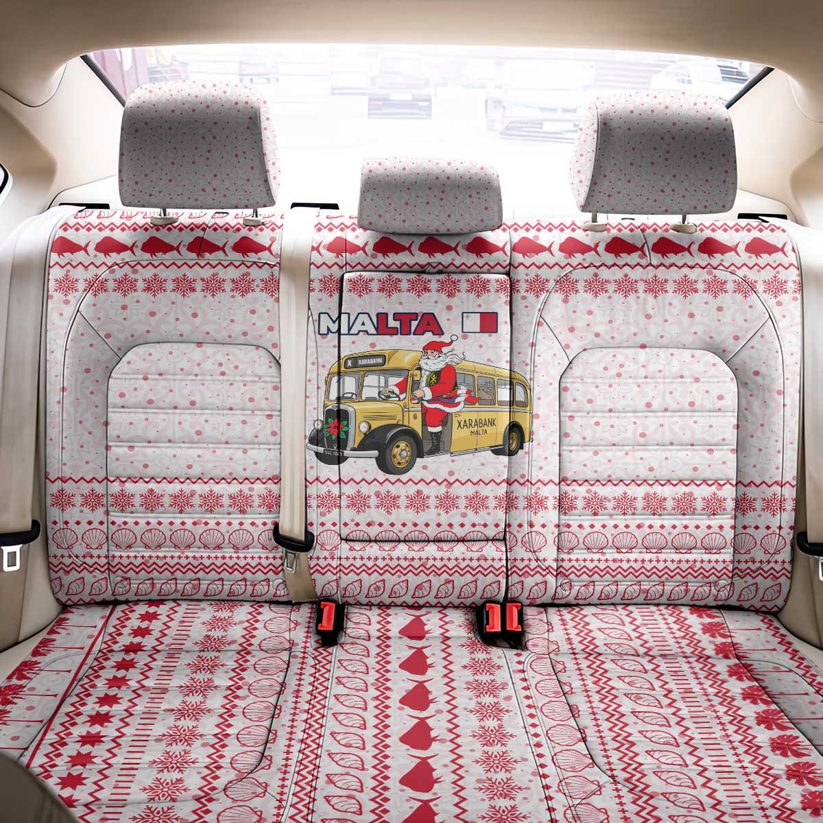 Malta Christmas Back Car Seat Cover with Santa Driving Vintage Bus Malta Flag and Red White Festive Pattern Design - Wonder Print Shop