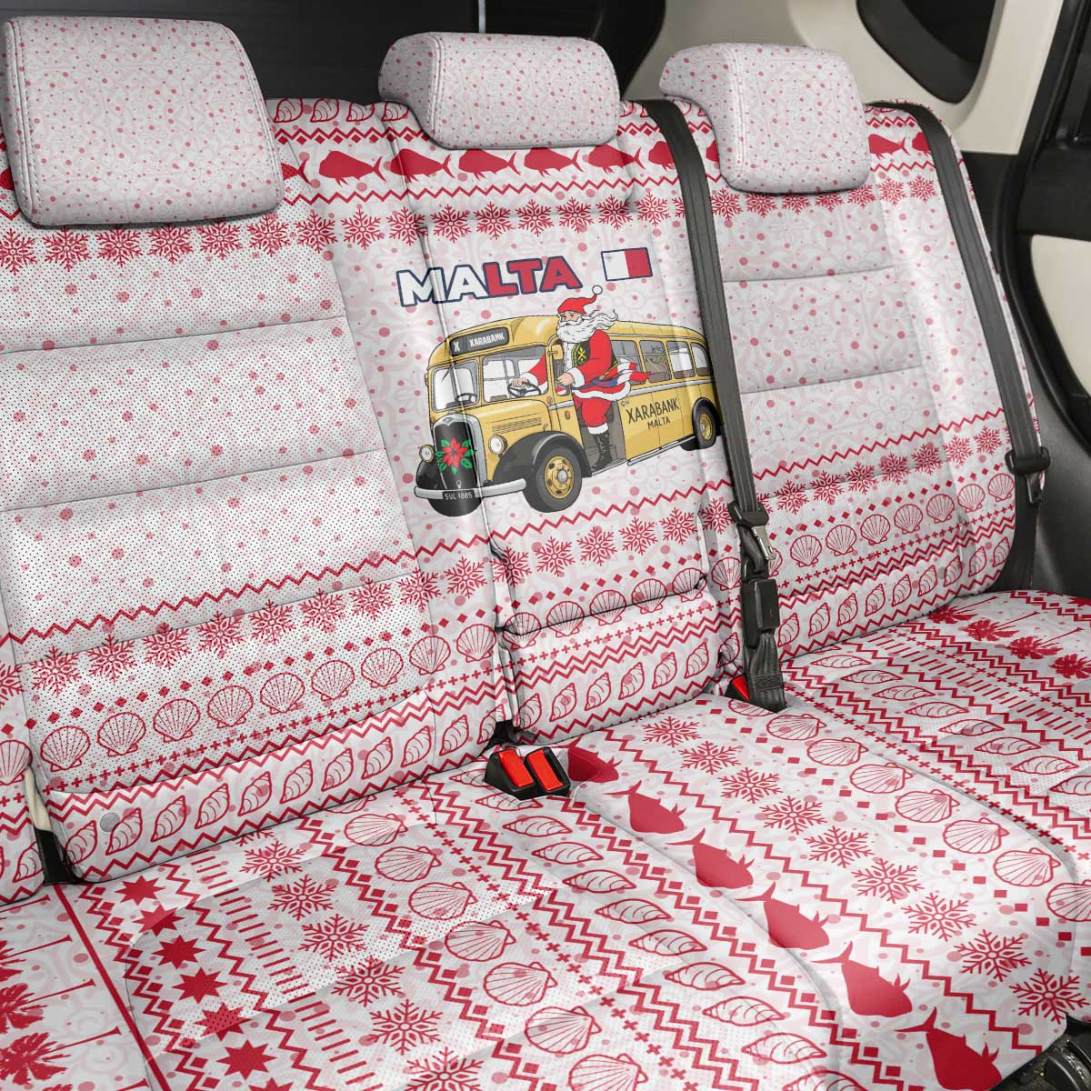 Malta Christmas Back Car Seat Cover with Santa Driving Vintage Bus Malta Flag and Red White Festive Pattern Design - Wonder Print Shop