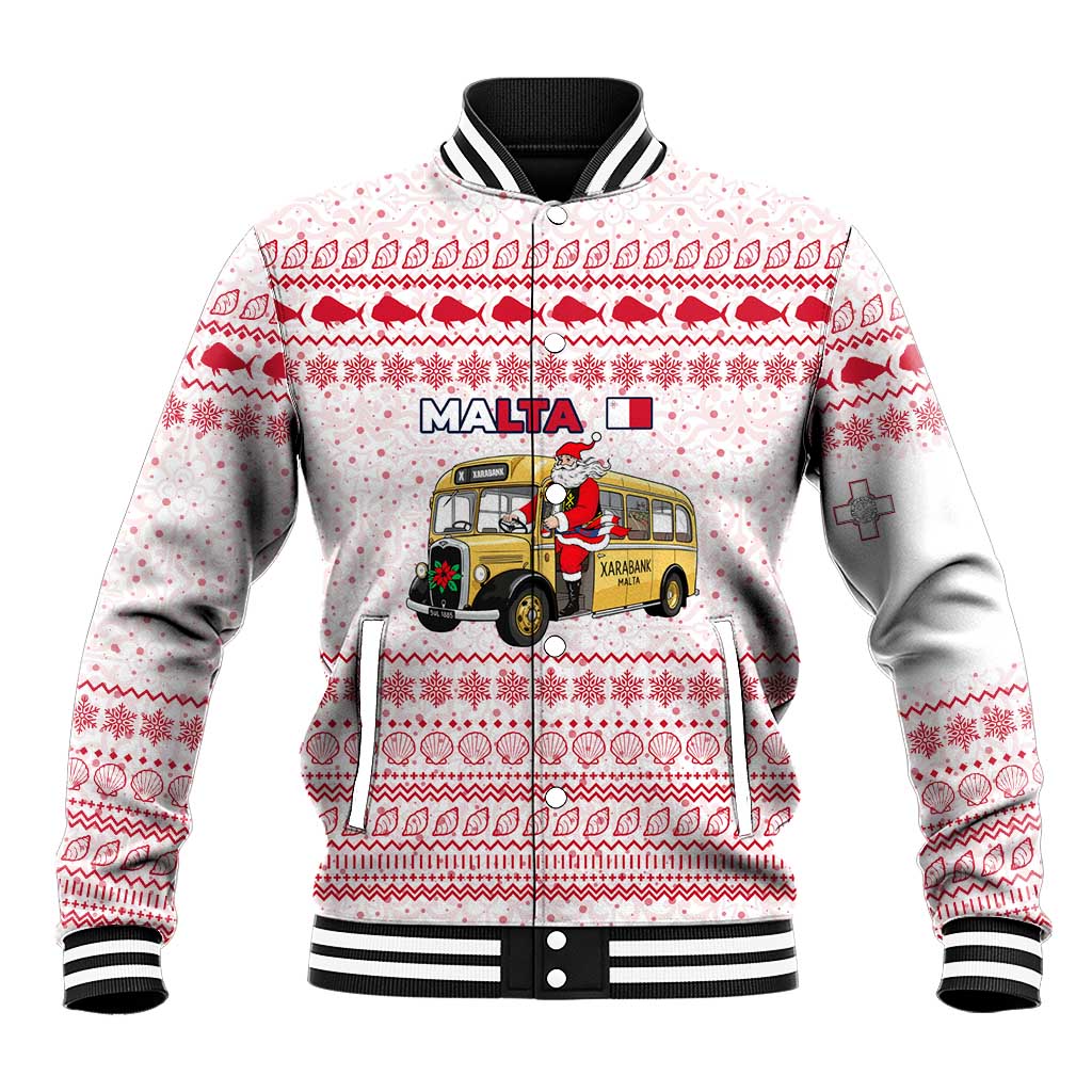 Malta Christmas Baseball Jacket with Santa Driving Vintage Bus Malta Flag and Red White Festive Pattern Design - Wonder Print Shop